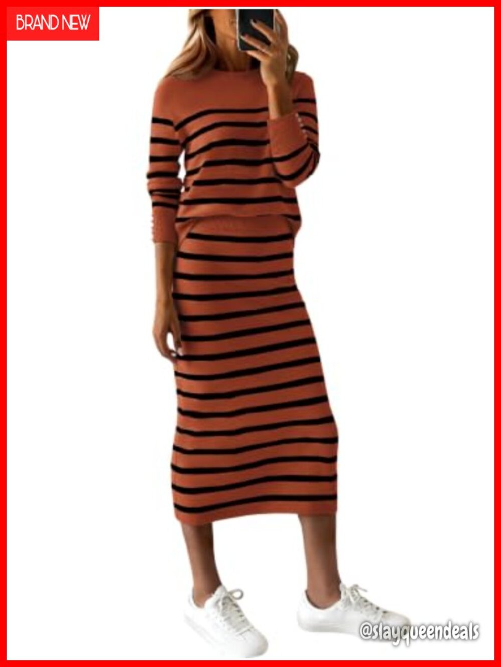 Women's 2 Piece Knit Skirt Set Long Sleeve Striped Sweater Midi Skirt Lounge